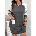 Plus Size Color Block Dress, Casual Raglan Sleeve Crew Neck Dress For Spring & Fall, Women's Plus Size Clothing