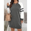 Plus Size Color Block Dress, Casual Raglan Sleeve Crew Neck Dress For Spring & Fall, Women's Plus Size Clothing