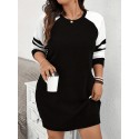Plus Size Color Block Dress, Casual Raglan Sleeve Crew Neck Dress For Spring & Fall, Women's Plus Size Clothing